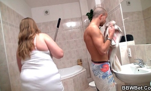 Big abdomen girlfriend is group-fucked in the washroom