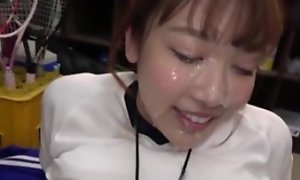 Sporty Japanese girl gets her whole face covered in creamy cum