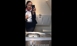 Latina stewardess joins the masturbation mile high club in the crapper and cums